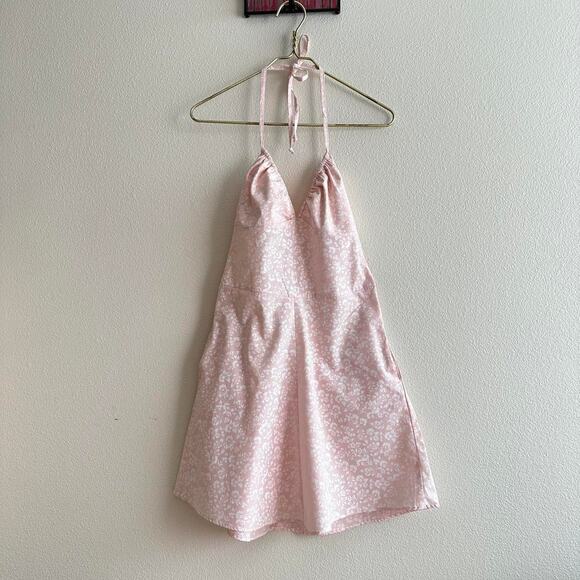 handmade pink white floral halter mini summer dress - Picture 5 of 9